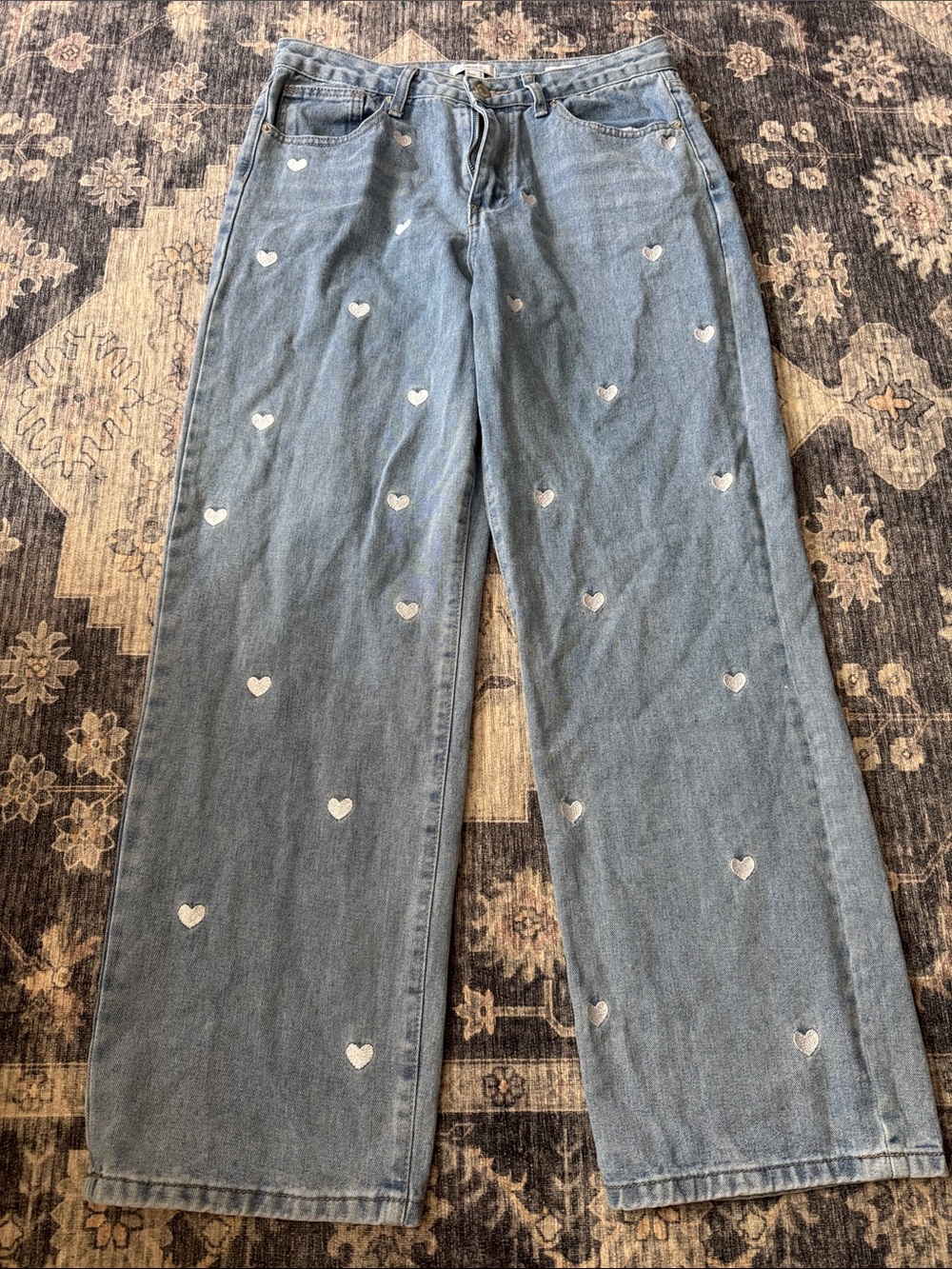 Forever 21 Light Blue Heart-Embroidered Wide Leg Jeans